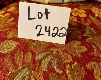 Lot 2422 $475.00. Pearson Camelback Love Seat, Down-filled w/attractive modern floral in deep red, tan, green, gray upholstery. Includes 2 pillows in the picture. 60"L x 34" D x 35"H
