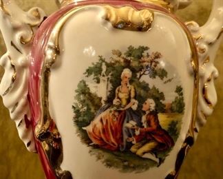 Lot 2430 $60.00. Victorian Style Urn Table Lamp With Girl and Gal in a sweet scene. Tested. 26"H x 6"W at base