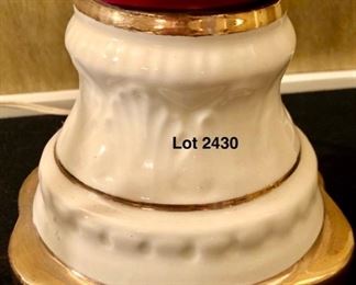 Lot 2430 $60.00. Victorian Style Urn Table Lamp With Girl and Gal in a sweet scene. Tested. 26"H x 6"W at base