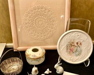 Lot 2431. $28.00 9 pc lot: Vintage Framed Doily, Ceramic Trivet, hand-painted Nippon trinket dish with fork, 3 mini Christmas bells, 2 small ceramic animals, 1 silver tone wire basket