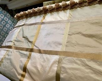 Lot 2442. $450.00. Custom-made and absolutely gorgeous silk fine drapery, 4 panels. Gold plaid with tassels and adornments. 87" L x 26" gathered at the top. These draperies can be reworked, but the silk fabric is exquisite.