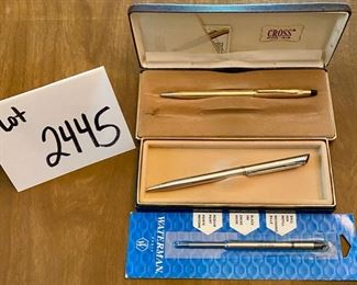 Lot 2445. $30.00. 3 pc Lot, Cross Ballpoint Pen and Case, Waterman Black Ink Medium Ballpoint Pen refill and Quill Ballpoint Pen and Case