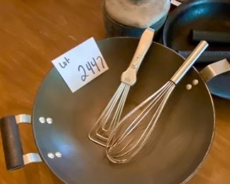 Lot 2447. $38.00. National Sanitation Foundation (NSF) Aluminum Commercial Cookware: Wok looks new, Lidded Sauce Pan, Fry Pan (needs a good scrubbing), a whisk, and a whisk/spatula, 2 cool handles, and 2 sandwich toasters (tonka toaster and nutbrown)! "Sautee: 12.75". wok looks brand new 13". saucepan: 6.5 (1.5 qt)" A grilled cheese sandwich cooked over an open fire in one of the toasters above is indescribably delicious.