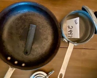 Lot 2447. National Sanitation Foundation (NSF) Aluminum Commercial Cookware: Wok, Lidded Sauce Pan, Sautee Pan (needs a good scrubbing), a whisk, and a whisk/spatula, 2 cool handles, and 2 sandwich toasters (tonka toaster and nutbrown)! "Sautee: 12.75". wok 13". saucepan: 6.5 (1.5 qt)"
