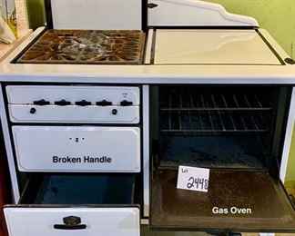 Lot 2448. $425.00. 1930's White Star Porcelain Enamel Gas Stove. It works! The homeowner used it for her canning. Will need a professional mover. It is located in the basement of the home, but measurements seem to be able to get it out. Purchased in 1934 (we have the receipt! 41 “ W x 24.5 D x 37.5” H