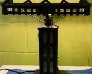 Lot 2449. $295.00. Fabulous Antique Green Slag Glass & Iron Parlor Lamp. Shade looks good, 2 glass pieces in the base have to be repositioned, and overall this lamp looks terrific