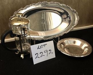 Lot 2292. $25.00. Shiny Lot! 1) Oneida Oval Platter (14"x8"w). 2) Reed&Barton Classic Rose Bowl. 3) 1 Cup French Press (in gold tone, looks new) so cute!