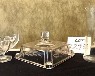 Lot 2293. $20.00. 1) Etched Pitcher (8.5"h x 3.5"w). 2) Etched Candy Dish (3.5"w x 3.5"t). 3) Etched Lid 7.5" sq
