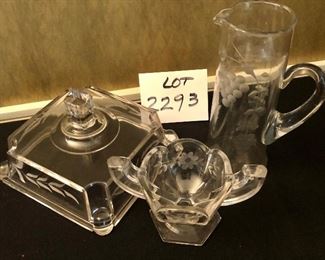 Lot 2293. $20.00. 1) Etched Pitcher (8.5"h x 3.5"w). 2) Etched Candy Dish (3.5"w x 3.5"t). 3) Etched Lid 7.5" sq
