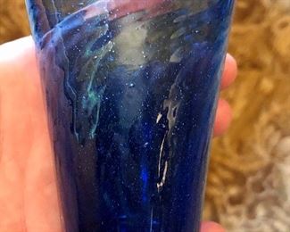 Lot 2296. $20.00. 5 handblown Cobalt Juice Glasses and a Blue Etched Flower Vase