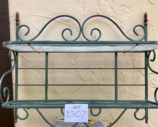 Lot 2307. $45.00. 2-shelf green metal wall shelf w/glass shelves insert. 30"w x 27"t.