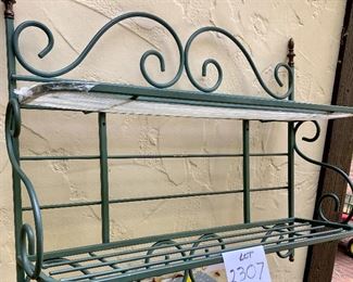 Lot 2307. $45.00. 2-shelf green metal wall shelf w/glass shelves insert. 30"w x 27"t.