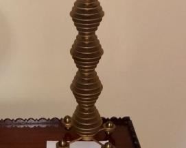 Lot 2332. $45.00. Mid-century brass bedside table lamp. Cool atomic ball feet. Needs a new shade, the green one (included) needs to be replaced. Good Bones! 22" t x 6" w