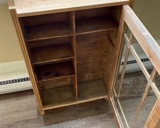 Lot 2358. $85.00. Glass door wall cabinet- very vintage- light stained. 17.5"w x 33.5"t x 6"d