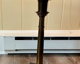 Lot 2360. $125.00. Swivel Table Floor Lamp with semitransparent pressed botanical shade (there are different flowers on 3 panes). Vintage. The tabletop is leather (I believe) and the base is brass. Well-made. The wood border on the table could use a little Old English, which should clean it up nicely. 15" dia table, 50" tall