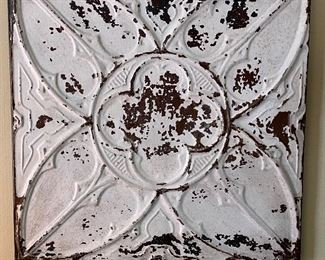Lot 2361. $48.00. Antique Tin Ceiling tile, framed. From an antique shop in NYC. Cool patina to it. Has substantial frame backing. Would be great as part of a gallery wall. 23" sq