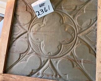 Lot 2361. $48.00. Antique Tin Ceiling tile, framed. From an antique shop in NYC. Cool patina to it. Has substantial frame backing. Would be great as part of a gallery wall. 23" sq