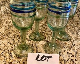 Lot 2366. $28.00. Four Green and Blue Hand blown wine goblets/water glasses