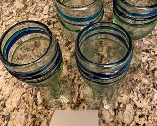 Lot 2366. $28.00. Four Green and Blue Hand blown wine goblets/water glasses