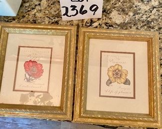 Lot 2369. $30.00/pr. Adorable Primrose and Poppy Framed Floral Prints. 7.5"x9" ea.