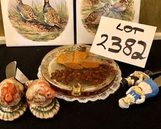 Lot 2382. $18.00. Continuing the fall theme! 2 Pheasant Trivets (really these are tiles), 4 fall spreaders, 1 vintage pressed flower trivet in lucite or resin and a doily