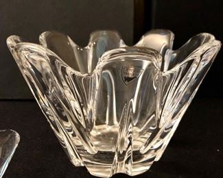 Lot 2385. $70.00. 3 Orrefors pieces with boxes. All in excellent condition. Large vase/bowl: 4.5"t x 6.75"w at top. Med: "Belle Vase" 4 1/8" w x 4 1/2" h. Star votive holder: 5.25"w x 2.25" h