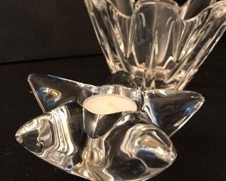 Lot 2385. $70.00. 3 Orrefors pieces with boxes. All in excellent condition. Large vase/bowl: 4.5"t x 6.75"w at top. Med: "Belle Vase" 4 1/8" w x 4 1/2" h. Star votive holder: 5.25"w x 2.25" h