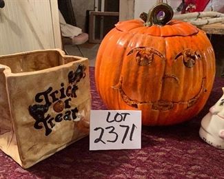 Lot 2371. $20.00. It's Fall, Y'all! 3 pc Halloween Lot. Ghost fig ceramic (4"dia x 5"t). Trick or Treat Bag ceramic (7"x5.5"x7"t). 12"d Jack-o-lantern. 10" tall (a light can go in the center)