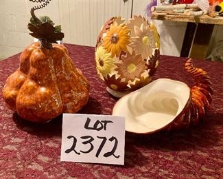 Lot 2372. $30.00. Fall Ceramics Decor: Pumpkin w/green top, Cornucopia (Mint Condition) fill with nut or acorns! Floral Candle Holder in fall colors.