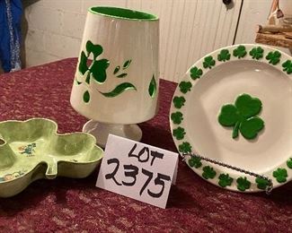Lot 2375. $20.00. St. Patty's Day: Candle Holder shamrock decor. shamrock plate for cookies, studio pottery clover w/leprechaun decor