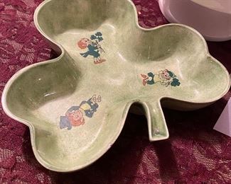 Lot 2375. $20.00. St. Patty's Day: Candle Holder shamrock decor. shamrock plate for cookies, studio pottery clover w/leprechaun decor