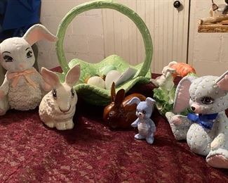 Lot 2378, $50.00. Big lot of Easter: cabbage basket w/ bunny; Brown Bunny; White cotton ball holder bunny; Bunny bank 9" tall; small bunny bank; tiny bunny