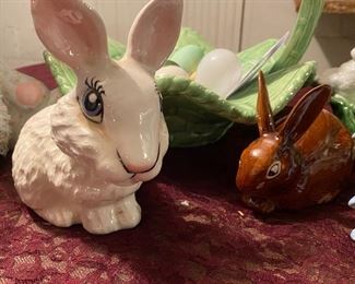 Lot 2378, $50.00. Big lot of Easter: cabbage basket w/ bunny; Brown Bunny; White cotton ball holder bunny; Bunny bank 9" tall; small bunny bank; tiny bunny