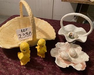 Lot 2380, $40.00. 8 Easter items: White ceramic basket; 2 yellow ducks; leaf-shaped bowl w/ 2 marbelized ceramic eggs; Large ceramic basket & a decorated egg