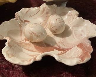 Lot 2380, $40.00. 8 Easter items: White ceramic basket; 2 yellow ducks; leaf-shaped bowl w/ 2 marbelized ceramic eggs; Large ceramic basket & a decorated egg
