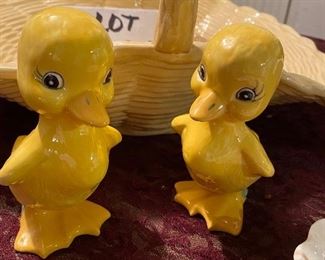 Lot 2380, $40.00. 8 Easter items: White ceramic basket; 2 yellow ducks; leaf-shaped bowl w/ 2 marbelized ceramic eggs; Large ceramic basket & a decorated egg