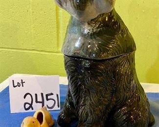 Lot 2451. $45.00. Vintage Schnauzer (or possibly Scottie Cookie Jar Marked "905" & U.S.A. on bottom.
tiny Doggie planter also included. Cookie Jar measures 13"t x 7"w