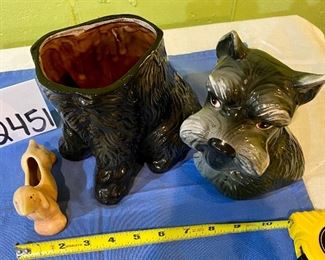 Lot 2451. $45.00. Vintage Schnauzer (or possibly Scottie Cookie Jar Marked "905" & U.S.A. on bottom.
tiny Doggie planter also included. Cookie Jar measures 13"t x 7"w