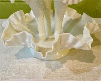 Lot 2454. $65.00. Vintage Fenton Epergne Hobnail Bowl With Three horned Vase Inserts Stunning centerpiece or showy display item.