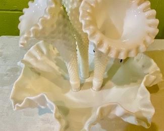 Lot 2454. $65.00. Vintage Fenton Epergne Hobnail Bowl With Three horned Vase Inserts Stunning centerpiece or showy display item.