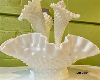 Lot 2454. $65.00. Vintage Fenton Epergne Hobnail Bowl With Three horned Vase Inserts Stunning centerpiece or showy display item.