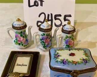 Lot 2455. $68.00. 1 vintage Limoges hinged hand-made trinket box , 3 smaller vintage Limoges teapot boxes, and 1 Neiman Marcus small adorable picture frame, designed by Jay Strongwater, with his famous turtle on the bottom.