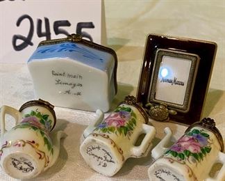 Lot 2455. $68.00. 1 vintage Limoges hinged hand-made trinket box , 3 smaller vintage Limoges teapot boxes, and 1 Neiman Marcus small adorable picture frame, designed by Jay Strongwater, with his famous turtle on the bottom.