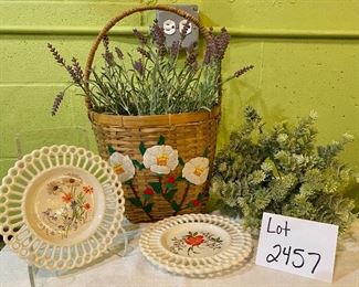 Lot 2457. $30.00. 2 sweet floral reticulated ceramic plates and basket with embellishments and faux florals (plate stand not included).