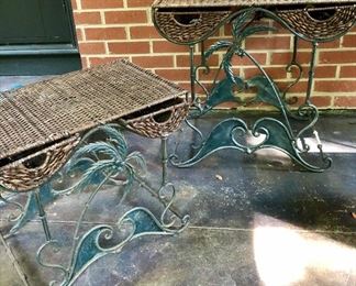 Lot 2498B: $90.00. each set of two. We have 2 sets of 2 tables. Vintage Wicker Nesting Tables: Wicker (has light wear, commensurate with age, , with wrought iron base with palm tree designs. Tables have 2 drawers and stack to nest. "Larger: 26""w x 16""d x 24""t & Smaller: 21""w x 14""d x 19""t"