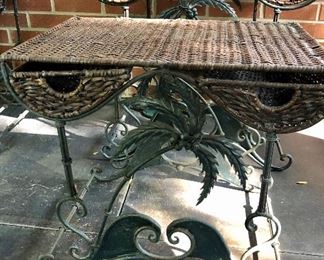 Lot 2498A: $80.00. each set of two. We have 2 sets of 2 tables. Vintage Wicker Nesting Tables: Wicker (has light wear, commensurate with age, , with wrought iron base with palm tree designs. Tables have 2 drawers and stack to nest. "Larger: 26""w x 16""d x 24""t & Smaller: 21""w x 14""d x 19""t"