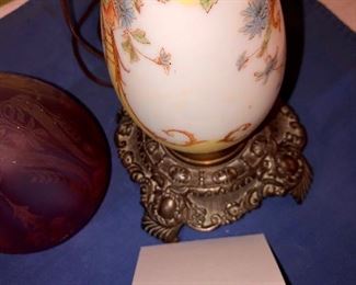 Lot 2462. $48.00. Vintage Table Lamp, Yellow, and White printed. Included sweet cranberry shade that we think would look lovely on this lamp! 19"tall to top of lamp (not a hurricane), x 7" wide