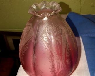 Lot 2462. $48.00. Vintage Table Lamp, Yellow, and White printed. Included sweet cranberry shade that we think would look lovely on this lamp! 19"tall to top of lamp (not a hurricane), x 7" wide