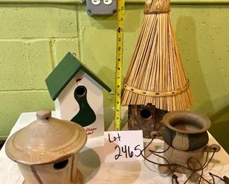Lot 2465. $50.00. 2 Birdhouses and 1 studio pottery planter and candle lantern (could be a birdhouse, but there is no bottom). Tall BH: 17: tall