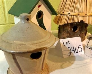 Lot 2465. $50.00. 2 Birdhouses and 1 studio pottery planter and candle lantern (could be a birdhouse, but there is no bottom). Tall BH: 17: tall